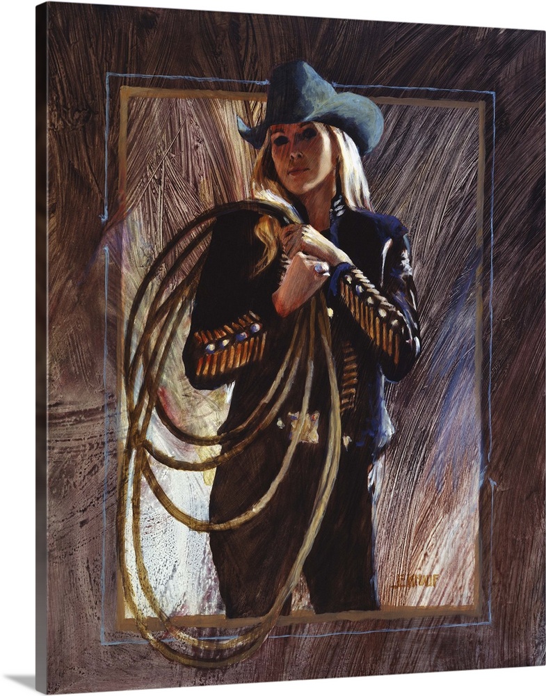 Contemporary western theme painting of a cowgirl in black holding a lasso up.