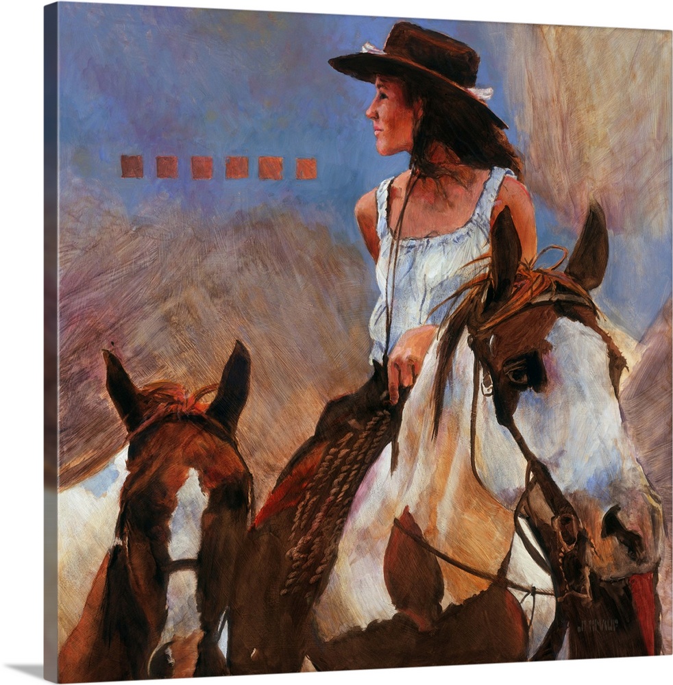 Western themed contemporary painting of a cowgirl on horseback.
