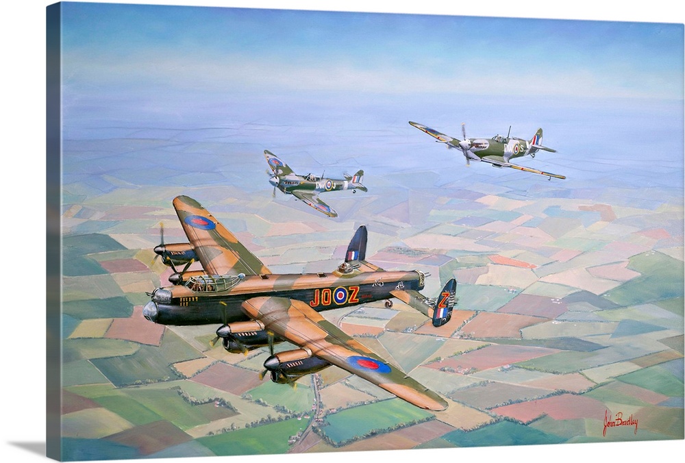 Contemporary painting of military planes in the heat of battle.