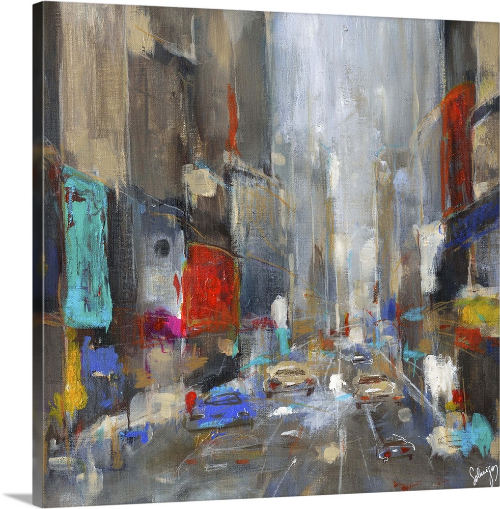 Contemporary painting of a busy street full of traffic.