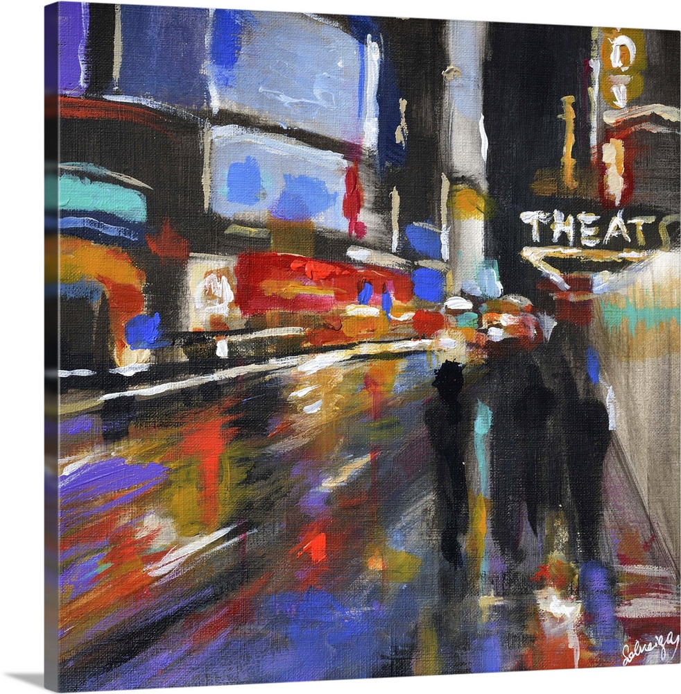 Contemporary painting of people walking down a city street in the evening.