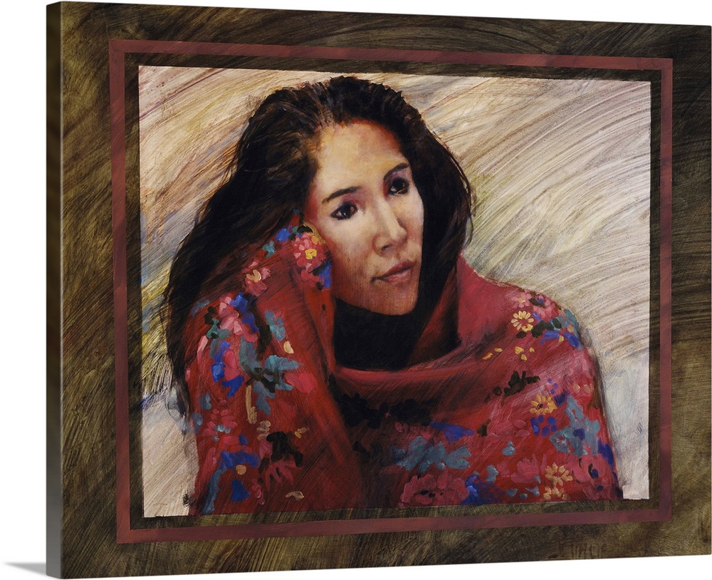 Western themed contemporary painting of a Native American woman wrapped in a blanket.