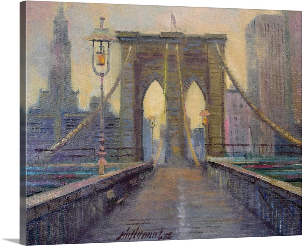 Contemporary painting looking straight on at the Brooklyn bridge, with the Manhattan skyline in the background.