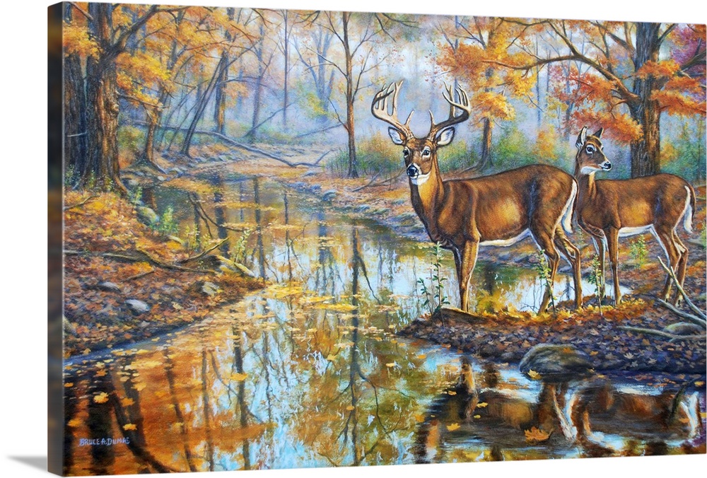 Contemporary artwork of two white-tailed deer on the edge of a stream.