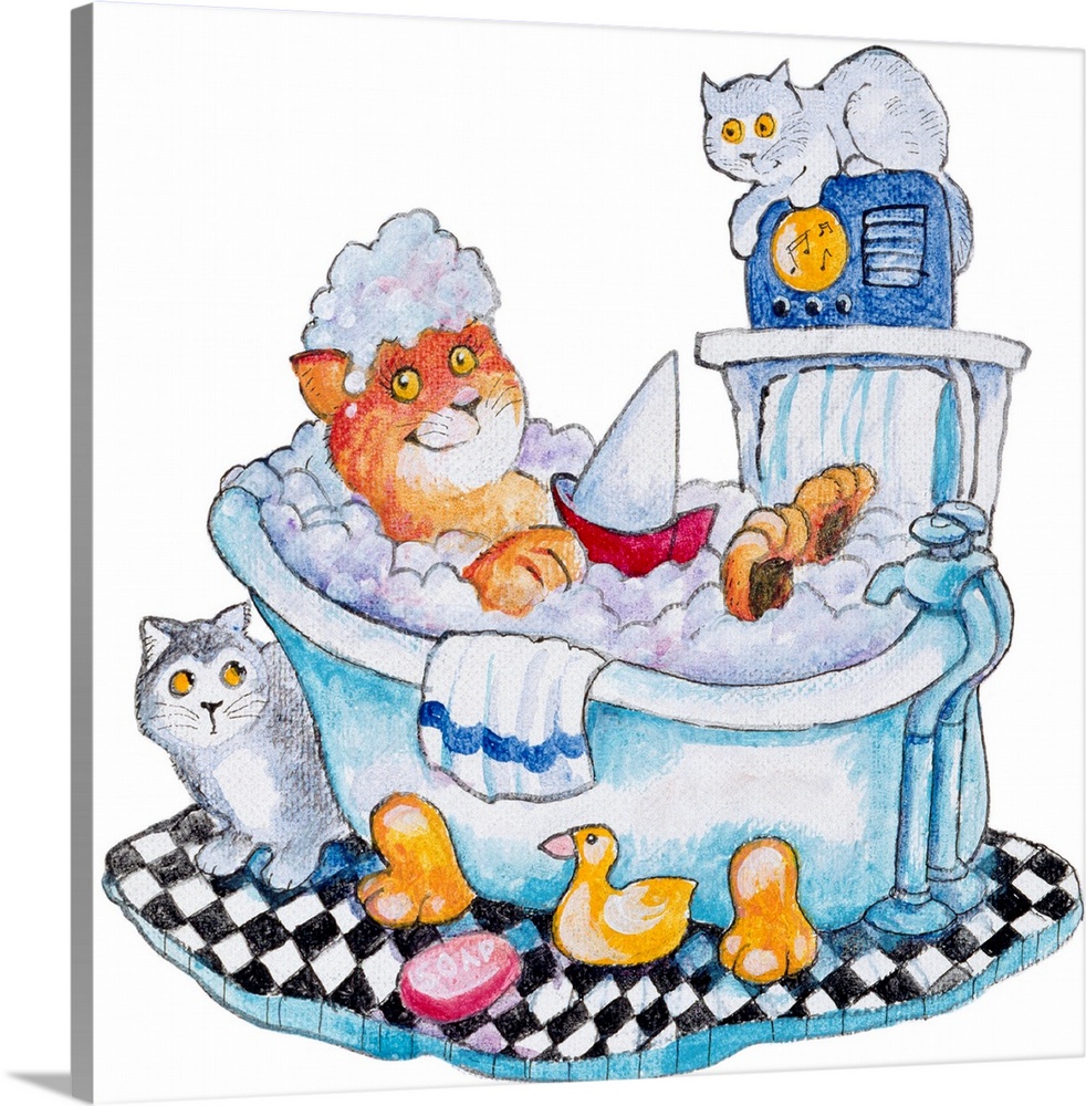Cat sitting in a bubble bath with two smaller cats and a rubber ducky. bathtub.