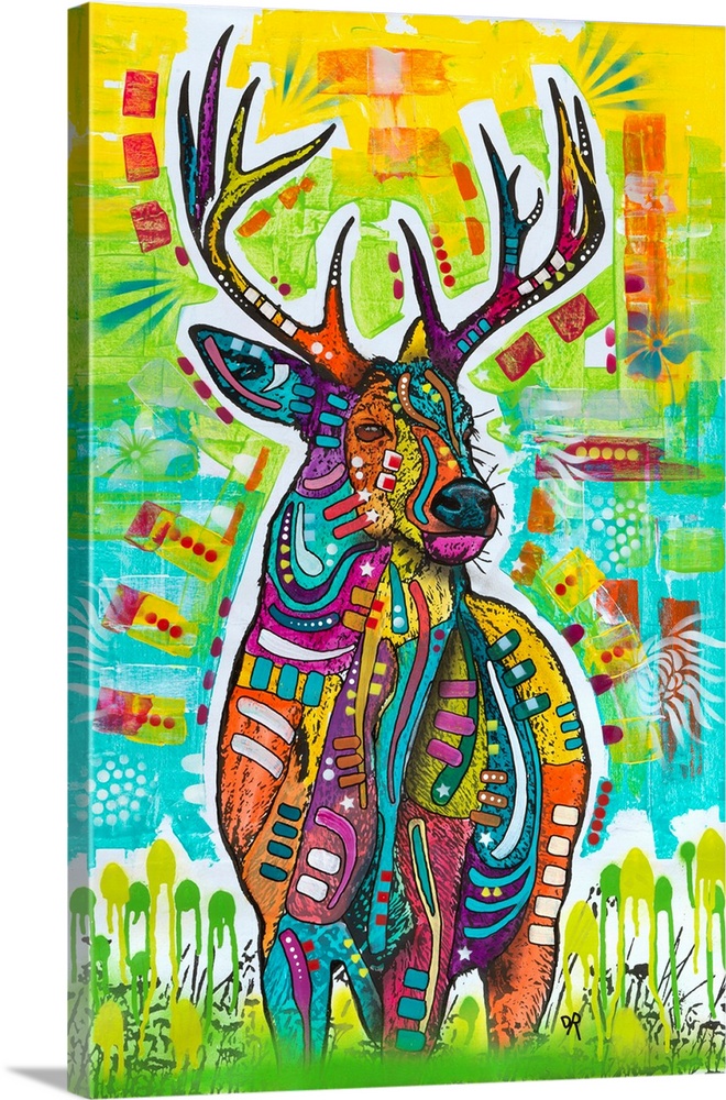 Contemporary stencil painting of a deer filled with various colors and patterns.