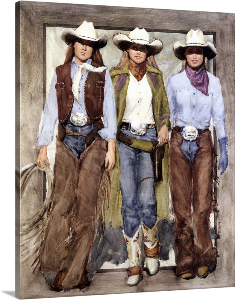 Contemporary western theme painting of three cowgirls side by side looking tough.