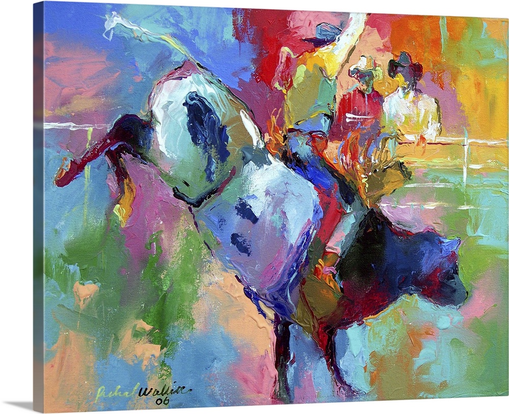 Contemporary vibrant colorful painting of a cowboy riding a bull.