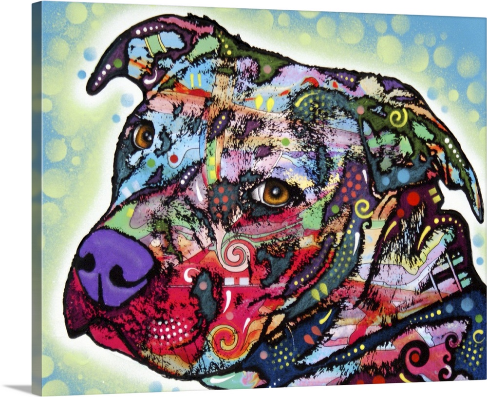 Vibrant colors and patterns are used to draw a picture of just the head of a dog.