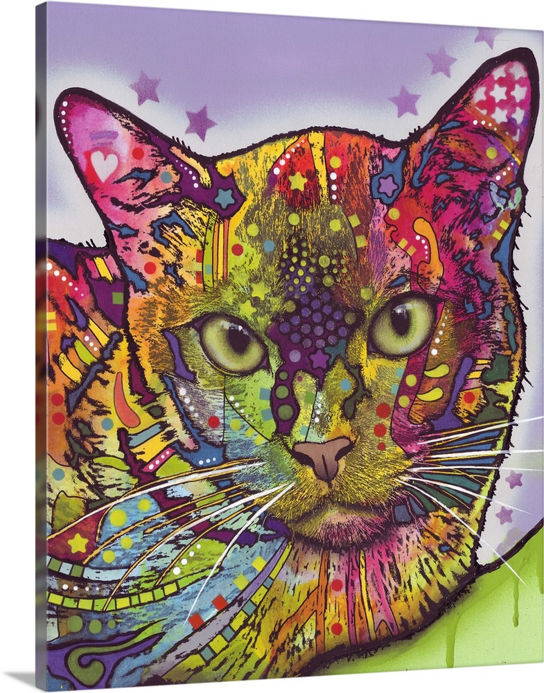 Contemporary artwork of a cat's outline filled with several multicolored patterns arranged in a graffiti like style.
