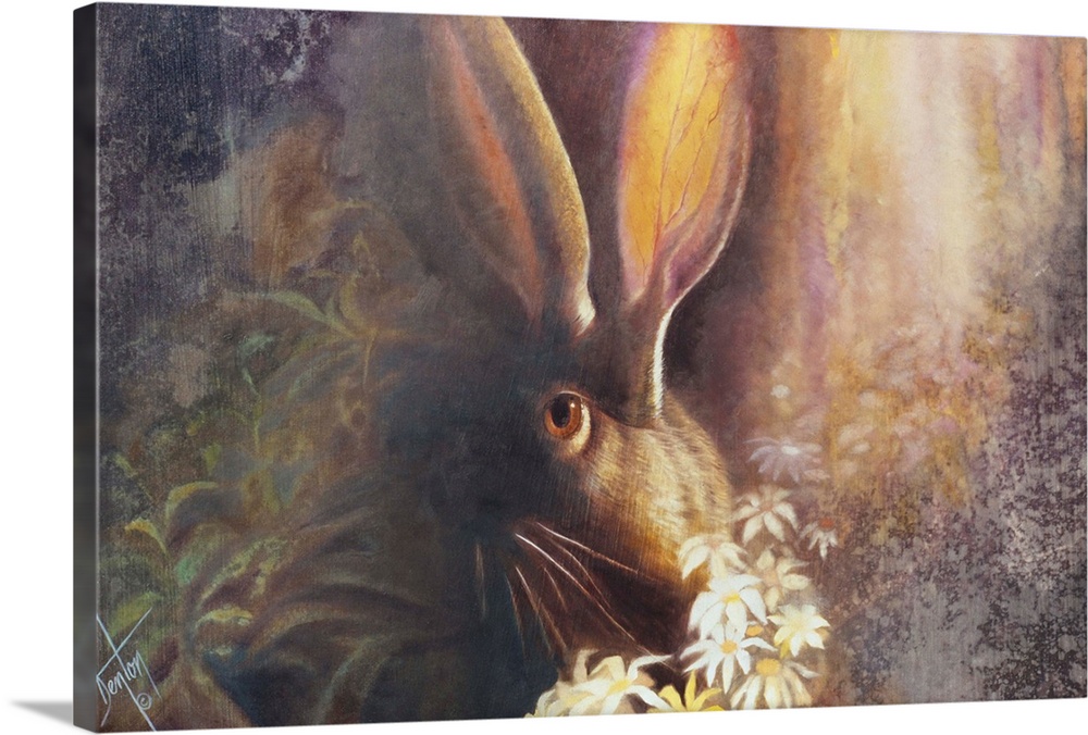 A contemporary painting of a long eared rabbit seen through wildflowers and partially hidden in shadow.