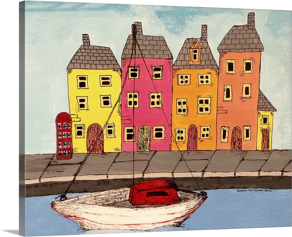 Contemporary painting of colorful houses alongside a canal, with a boat.