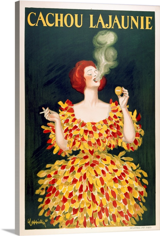 Large vertical vintage advertisement for Cachou Lajaunieof a red haired woman in a brightly colored feathered dress, holdi...