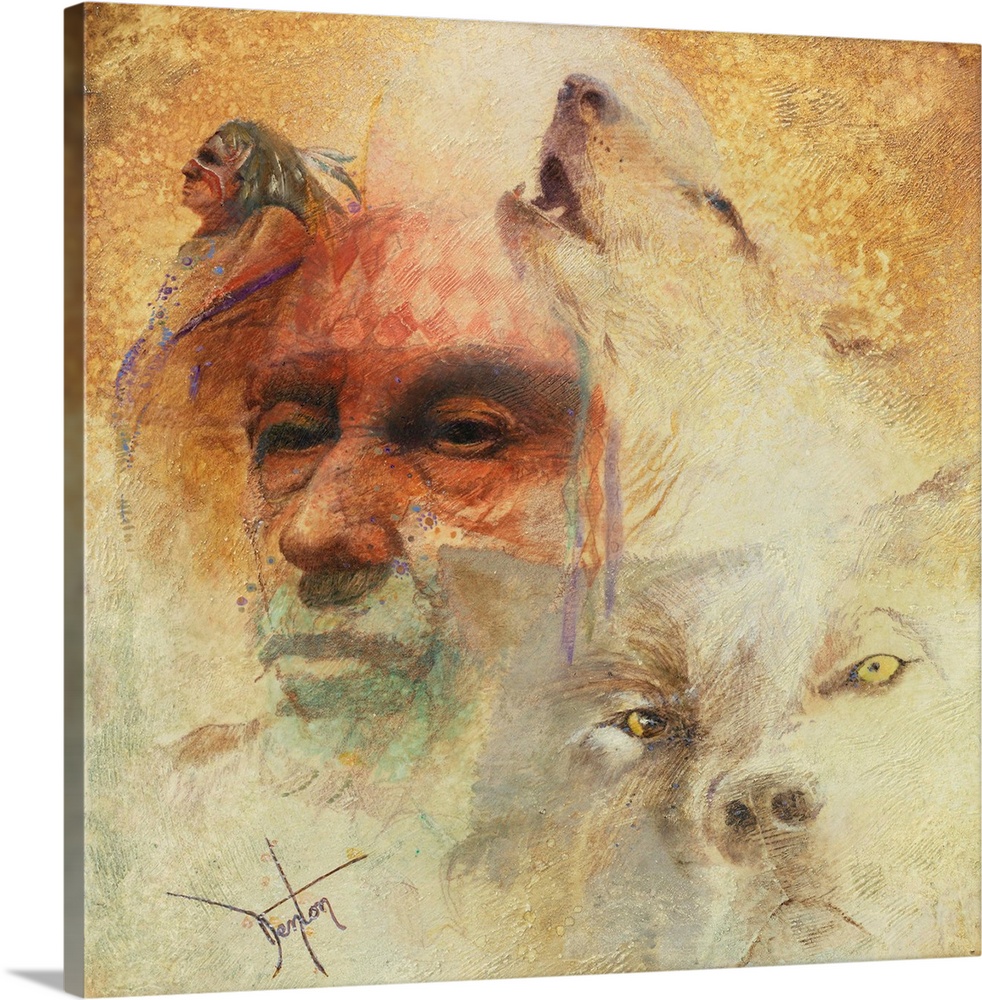 A contemporary painting of a Native American man portrait next to an image of a wolf.
