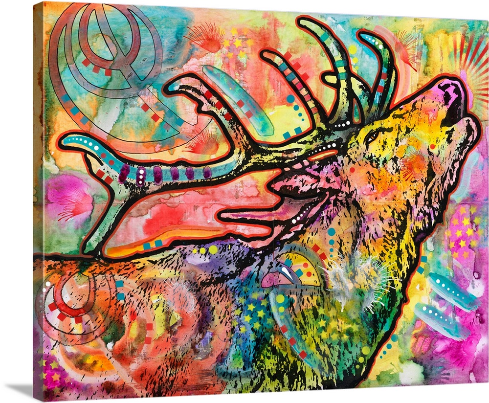 Colorful painting of an elk with its chin up calling in the wind with abstract designs all over.