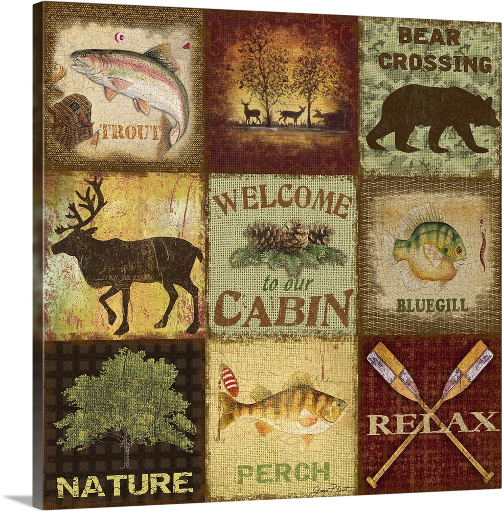 Home decor artwork of multiple tiles of outdoorsy wilderness themed images.