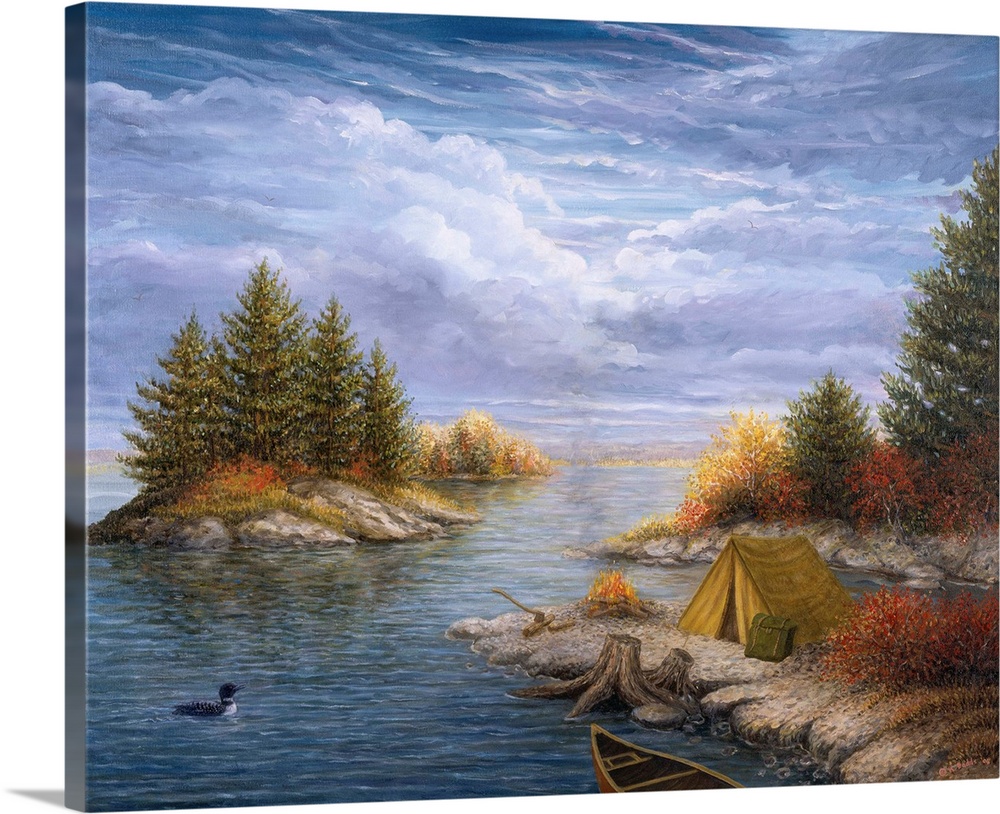 Contemporary artwork of a campsite on the river.