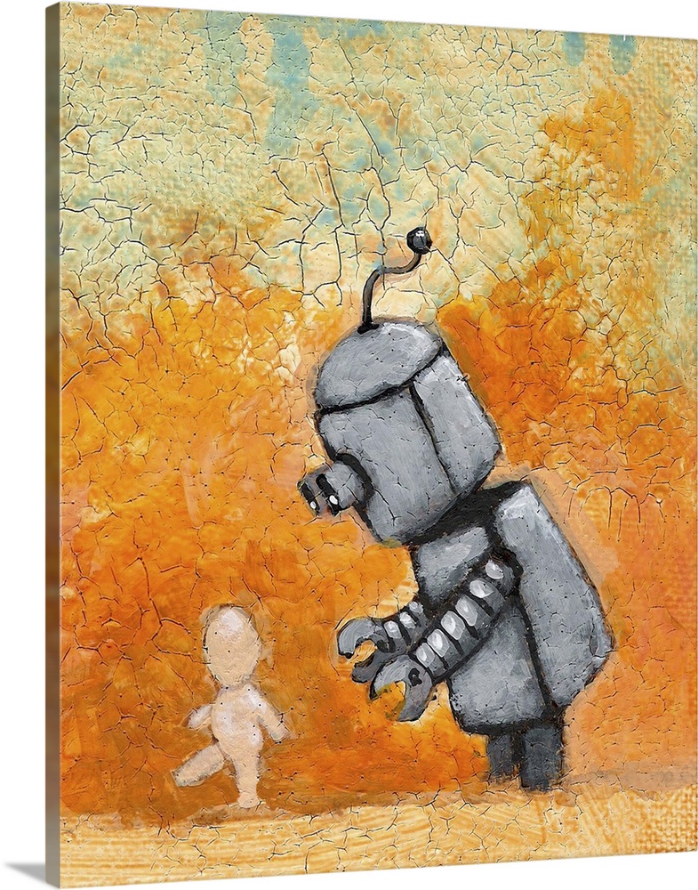 Illustration of a small grey robot watching over an even smaller figure.