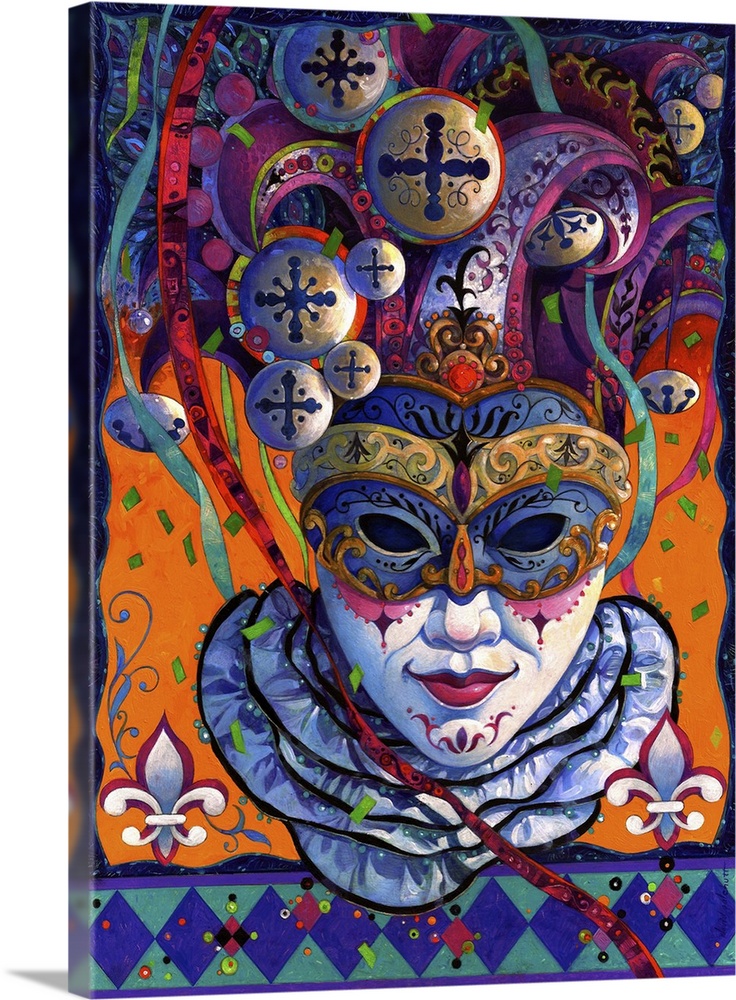 Contemporary artwork of a carnival or Mardi Gras mask decorated with ornate patterns.