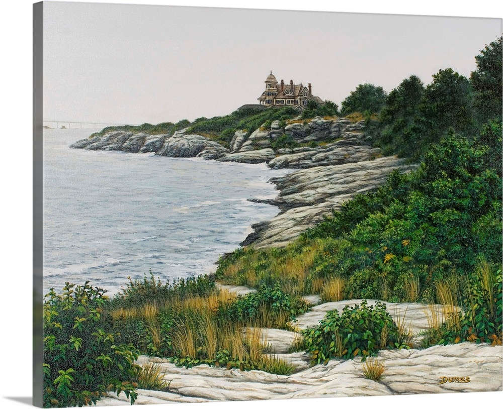 Contemporary artwork of the edge of the ocean overlooking a large manor.