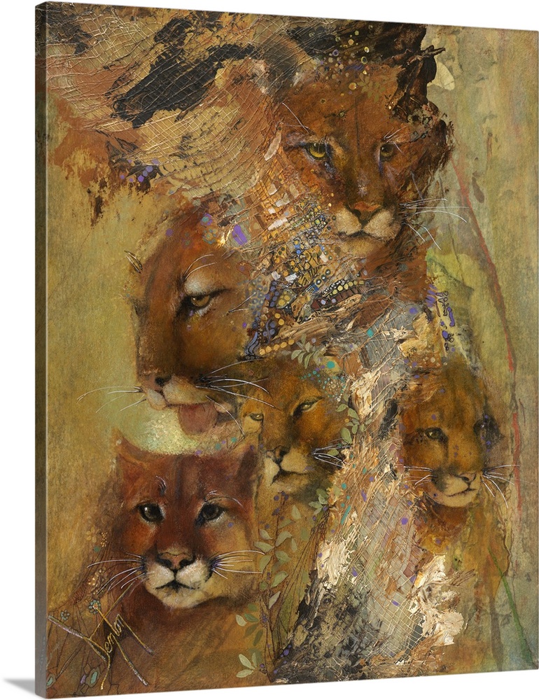 Contemporary painting of wild cats and nature elements.