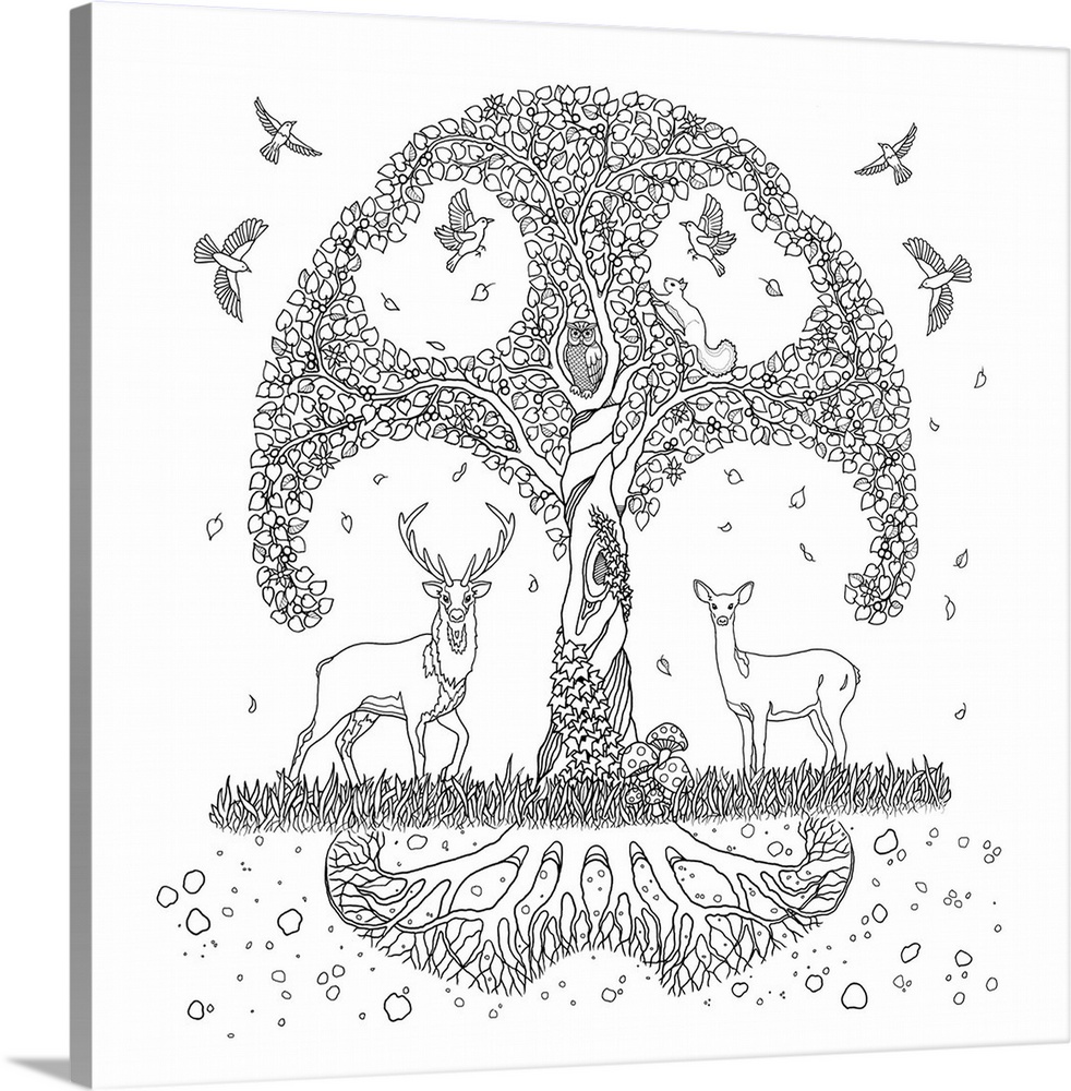 Black and white line art of a tree full of leaves, birds, and squirrels with a doe and a buck underneath and the roots bel...