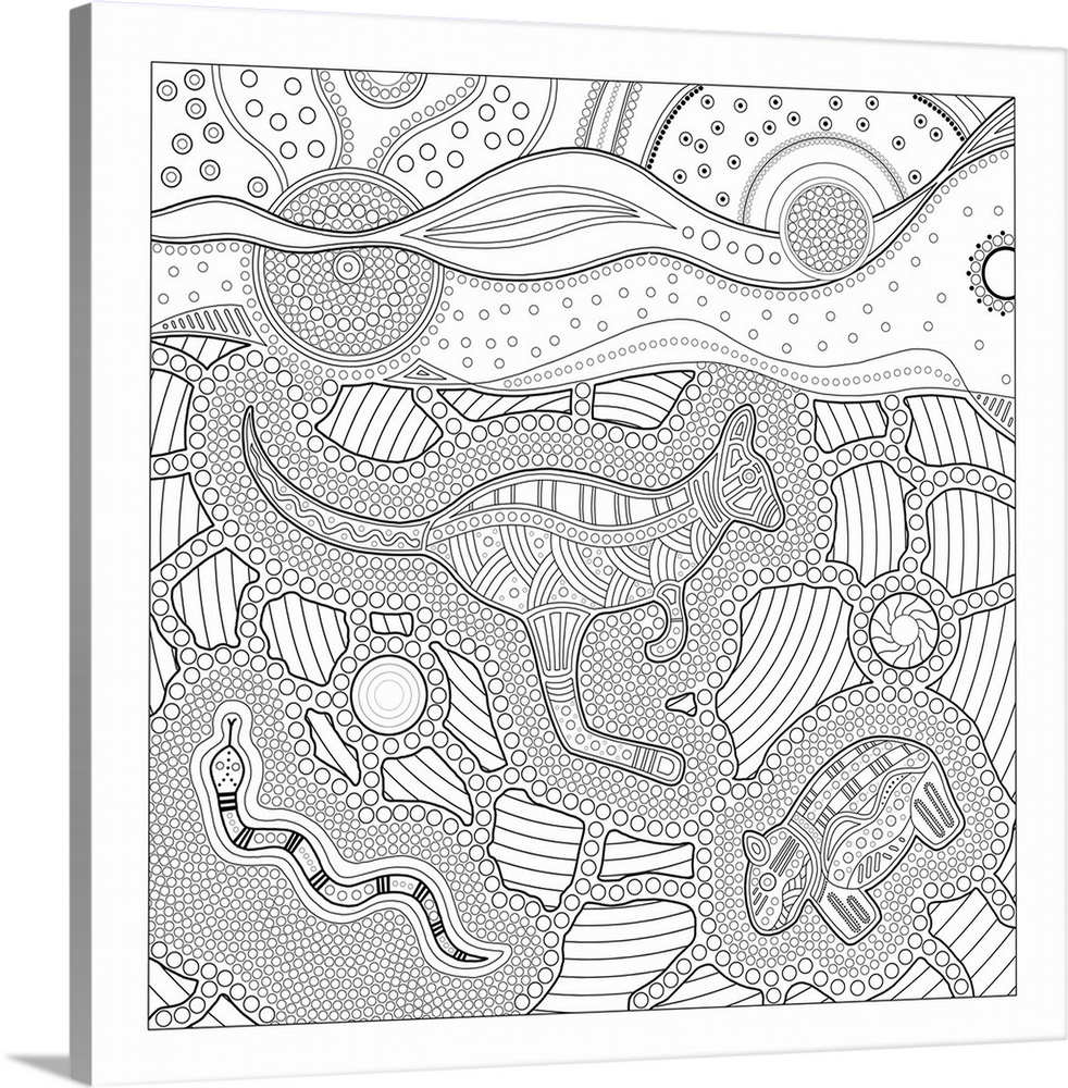 Black and white line art with a few Australian animals made up and surrounded by intricate designs.