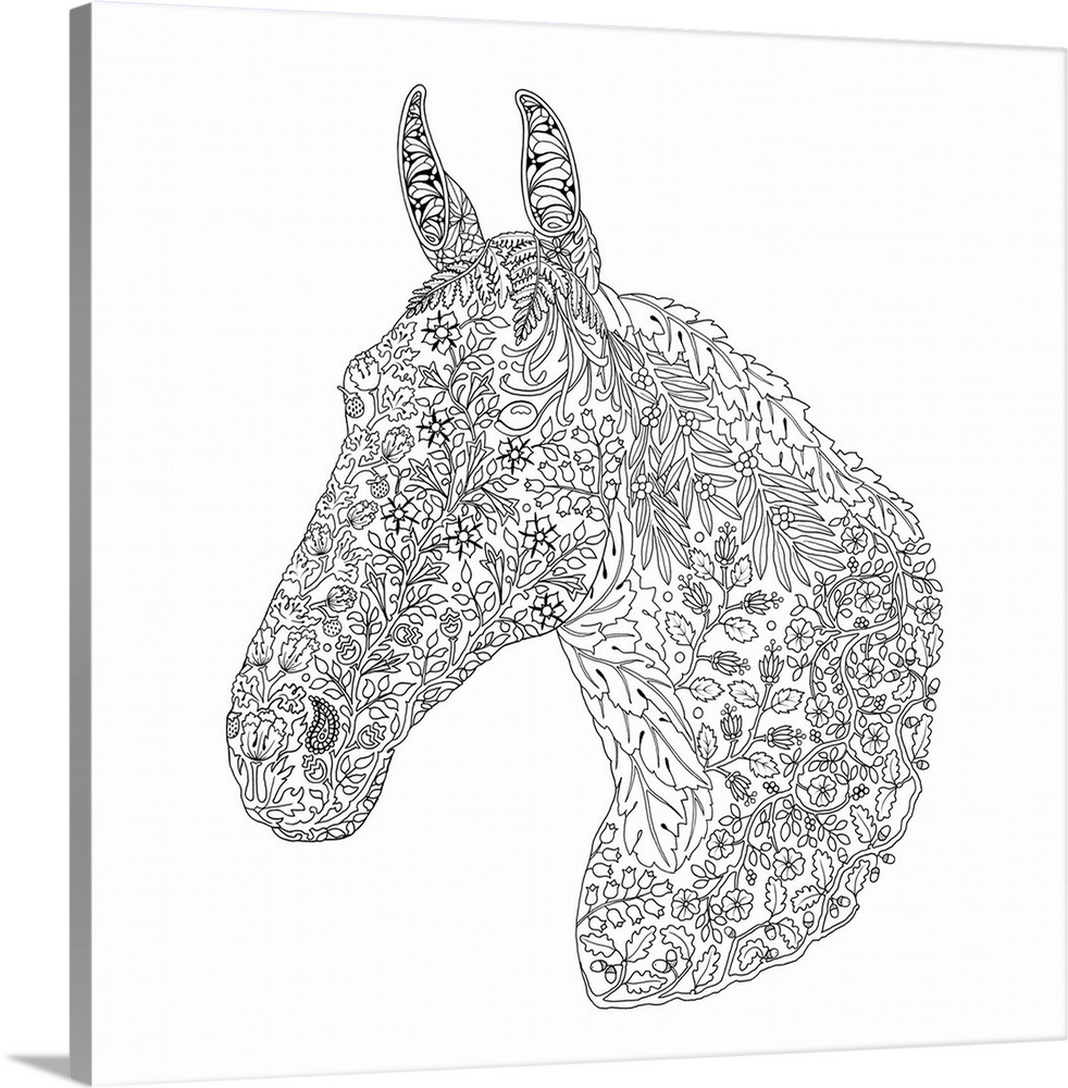 Black and white line art of a horse made with an intricate floral design.