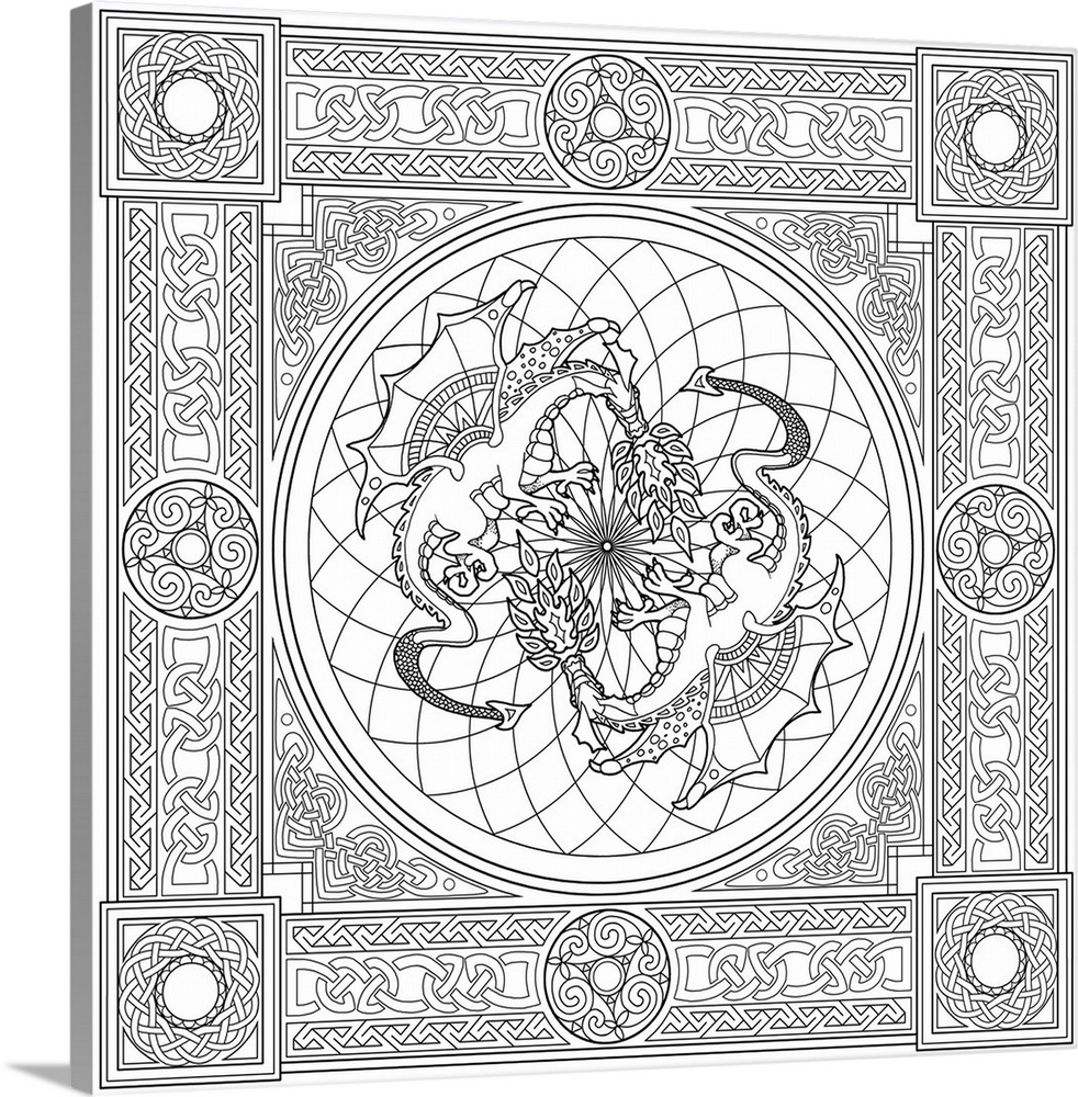 Black and white line art with intricate designs and shapes and two fire breathing dragons in the center.