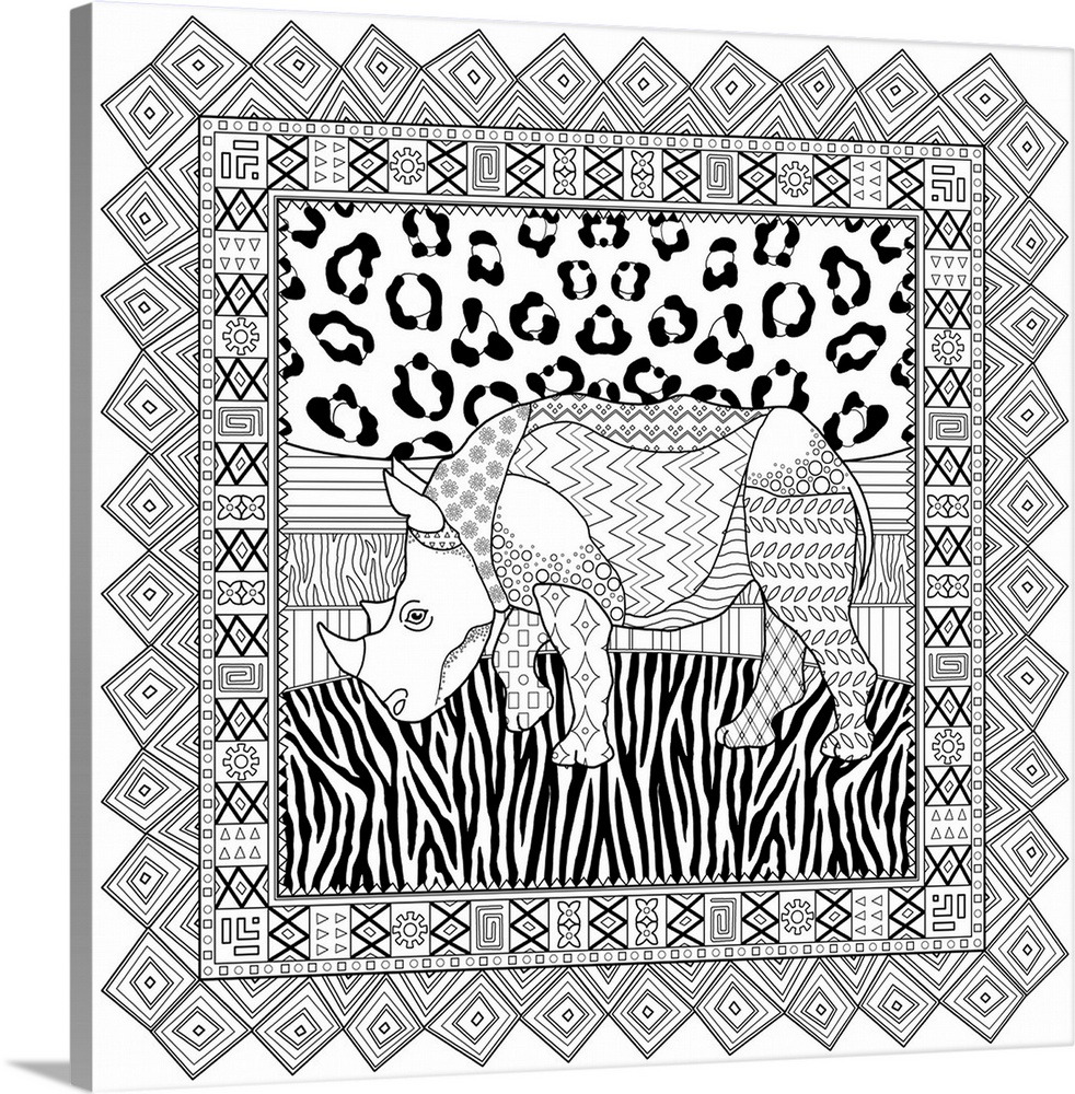Black and white line art with an animal print background and a rhinoceros in the center inside a decorative frame.