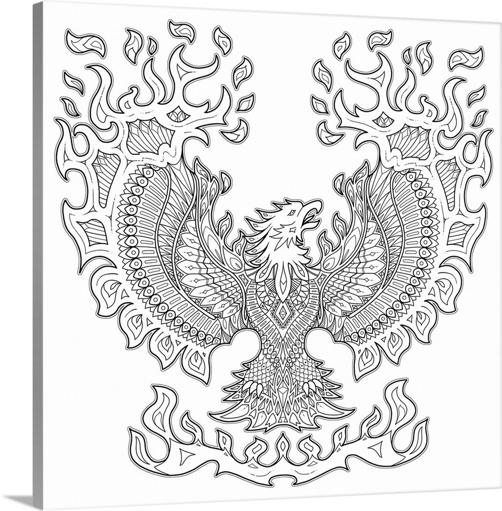 Black and white line art of an intricately designed phoenix surrounded by fire.