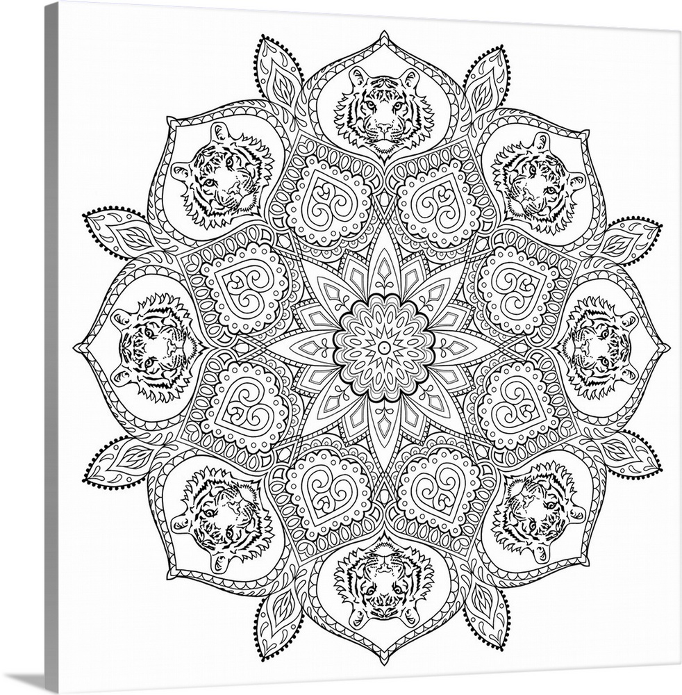 Black and white line art of an intricately designed mandala with tigers on each point.
