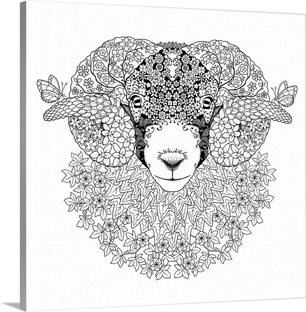 Black and white line art of an intricately designed ram made of flowers and surrounded by flowers.