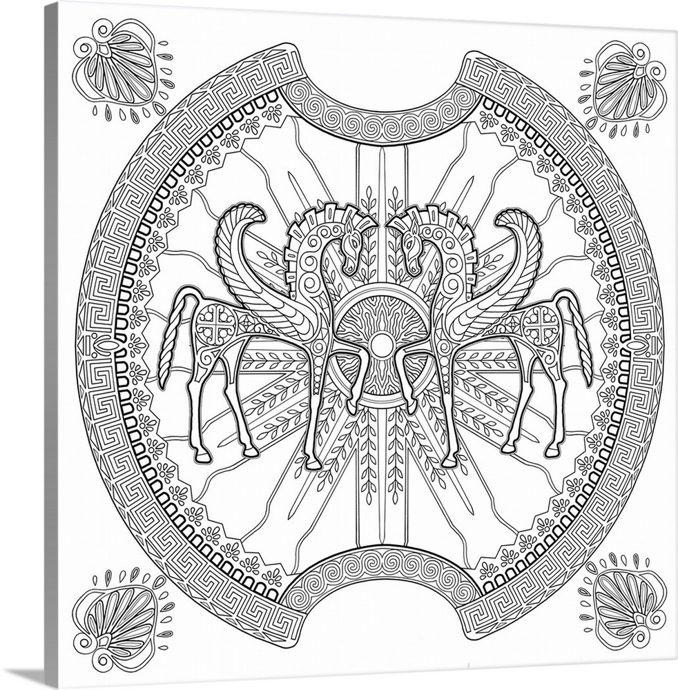 Contemporary black and white line art with intricate designs and two Pegasus in the center.