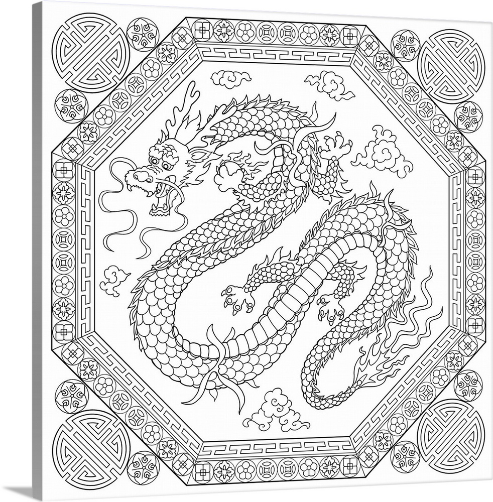 Black and white line art of a uniquely designed octagon with a Chinese dragon inside.