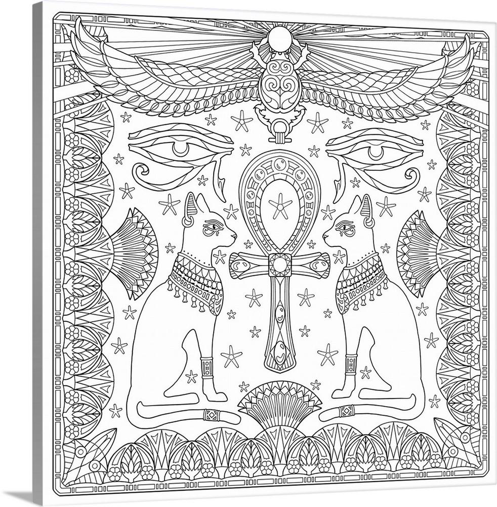 Contemporary line art design with Egyptian cats and intricate designs.