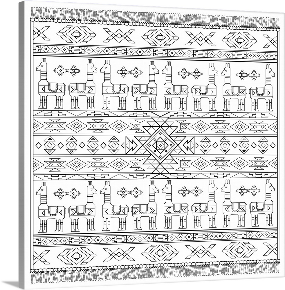 Black and white line art Egyptian patterned square carpet.