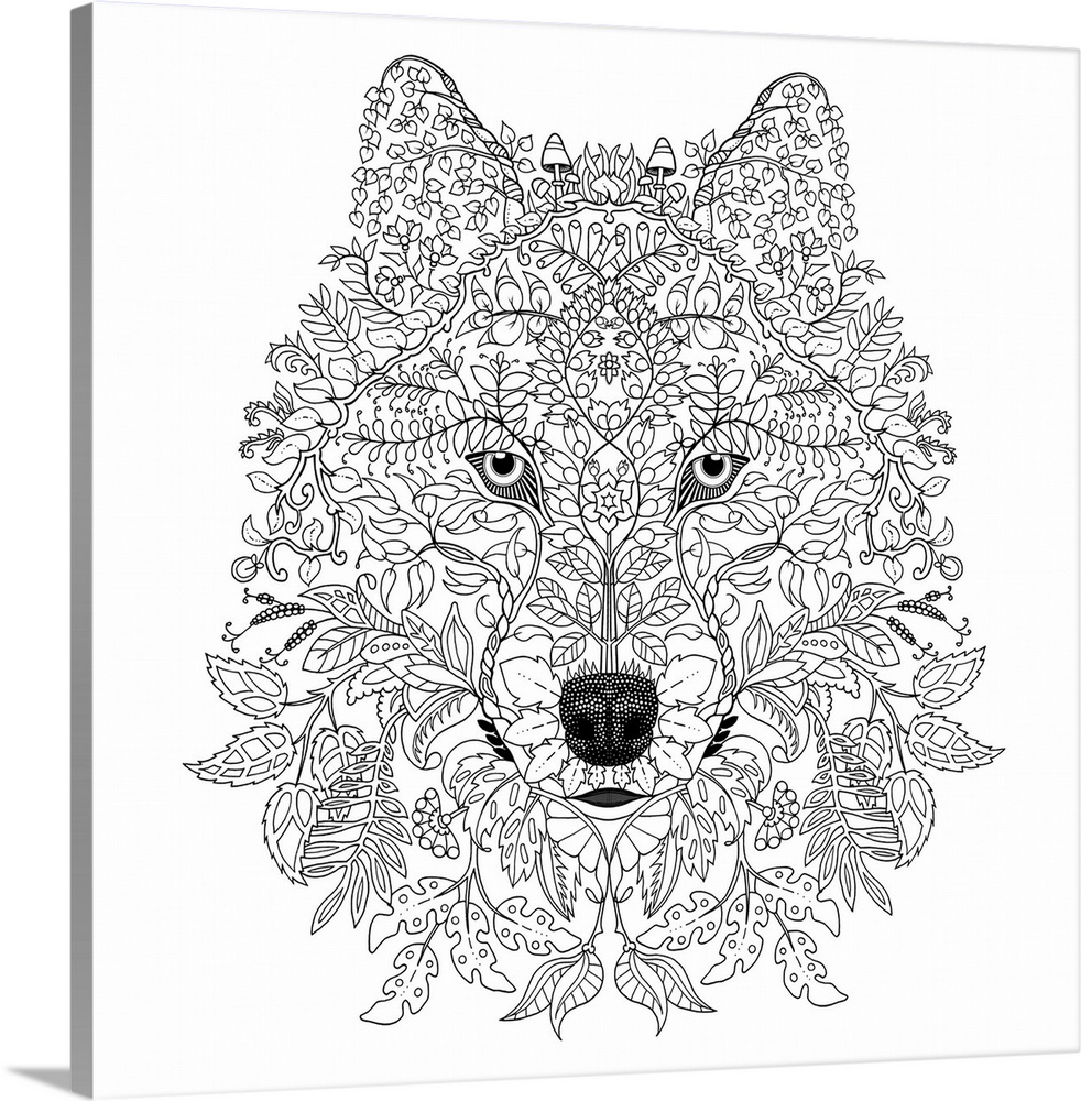 Black and white line art of a wolf made out of leaves, branches, flowers and mushrooms.