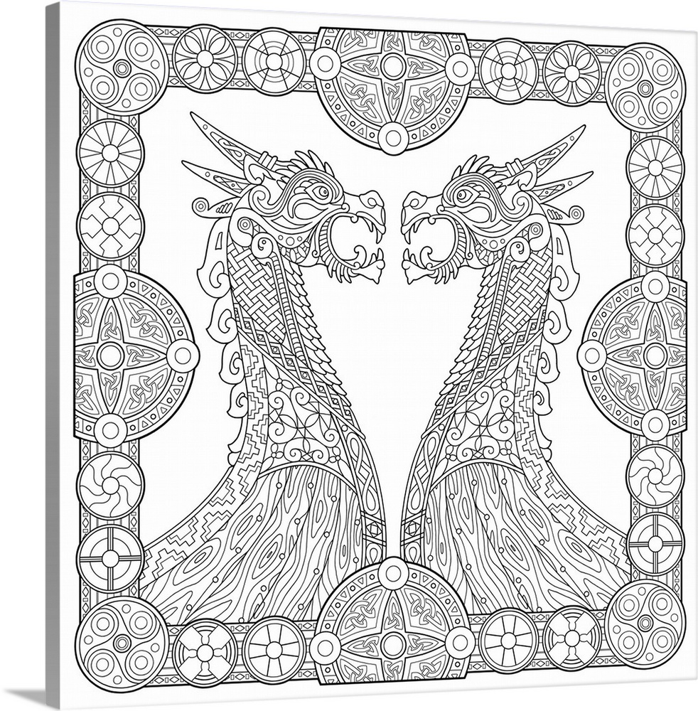 Black and white line art of two Viking long-ships with dragon tips coming together inside a Celtic frame.