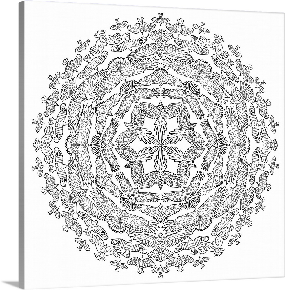 Black and white line art of a mandala made out of different birds with their wings spread out.