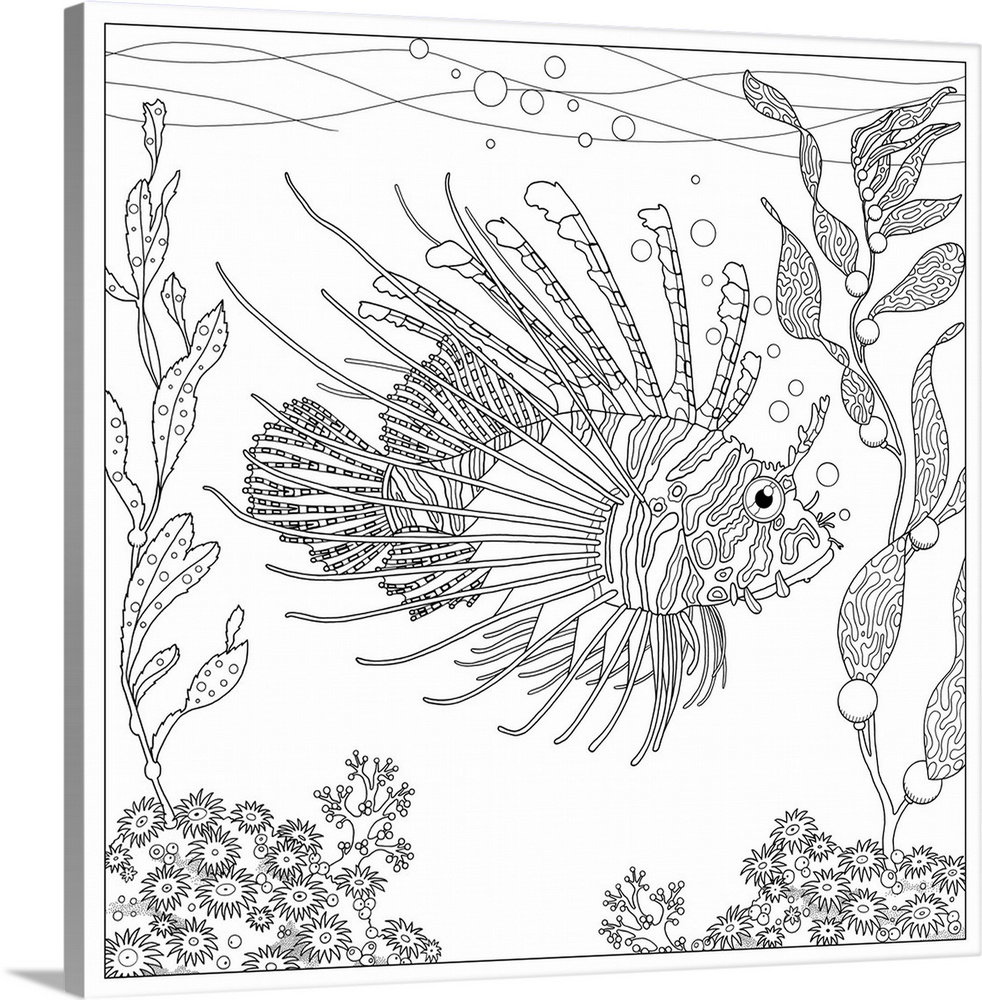 Black and white line art of a lionfish swimming underwater.