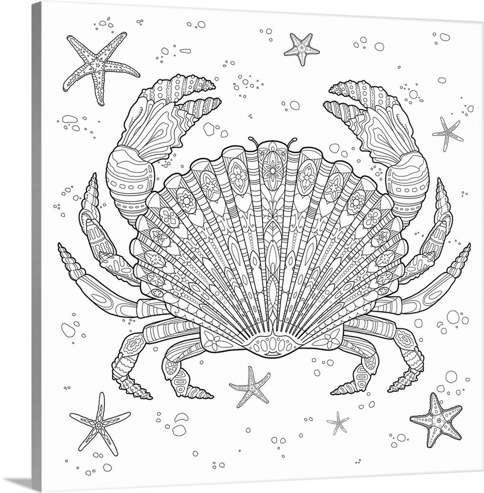 Black and white line art of an intricately designed crab with a seashell body surrounded by starfish and bubbles.