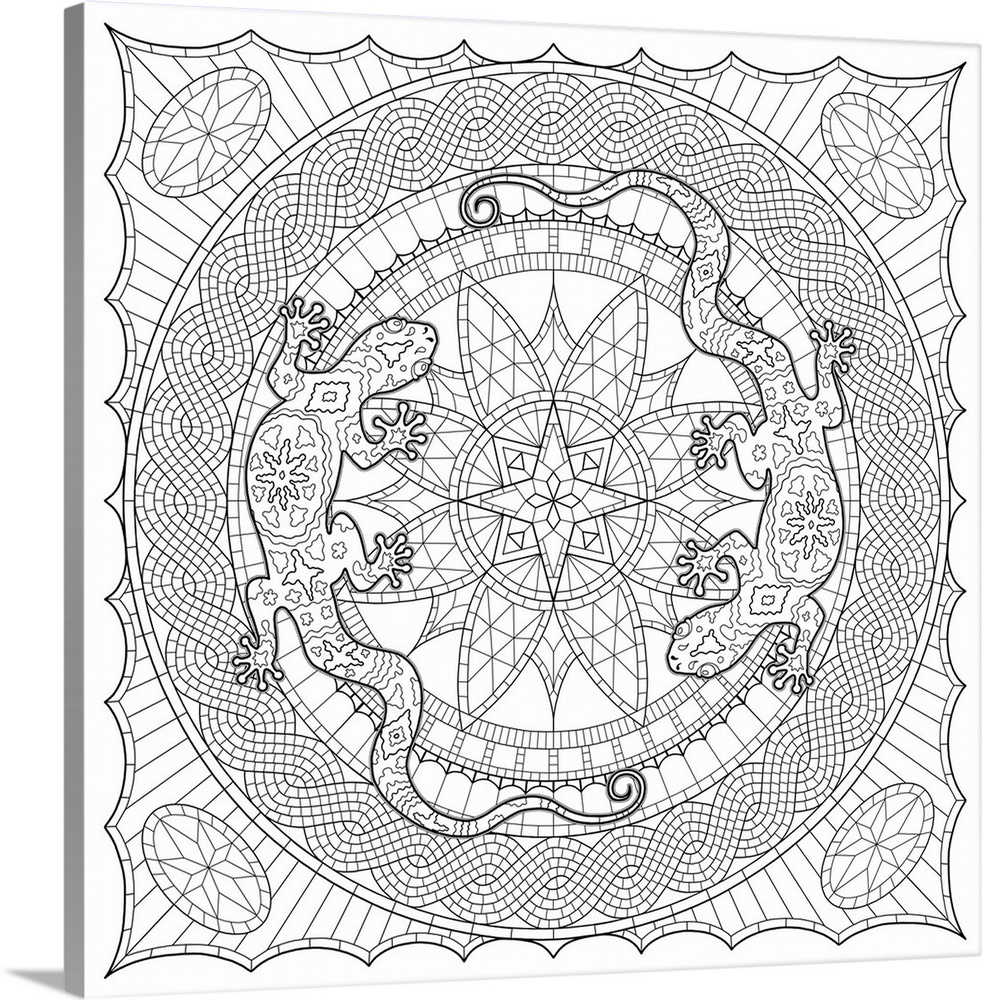 Black and white line art with geometric shapes and patterns and two lizards.