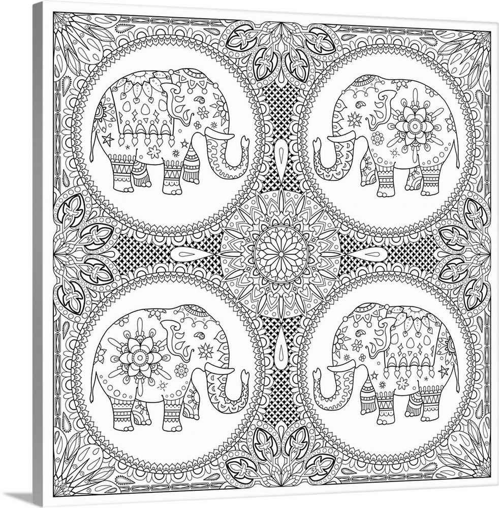 Black and white line art with intricate designs and four circles with uniquely patterned elephants in each.