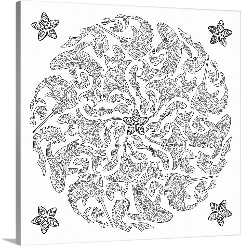 Black and white line art of a unique mandala made out of different types of ocean animals such as whales, swordfish, fish,...