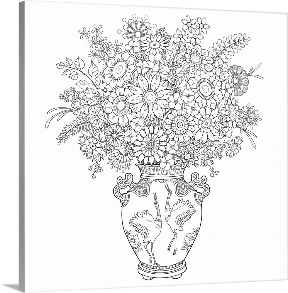 Black and white line art of arranged flowers in a vase with two storks on it.