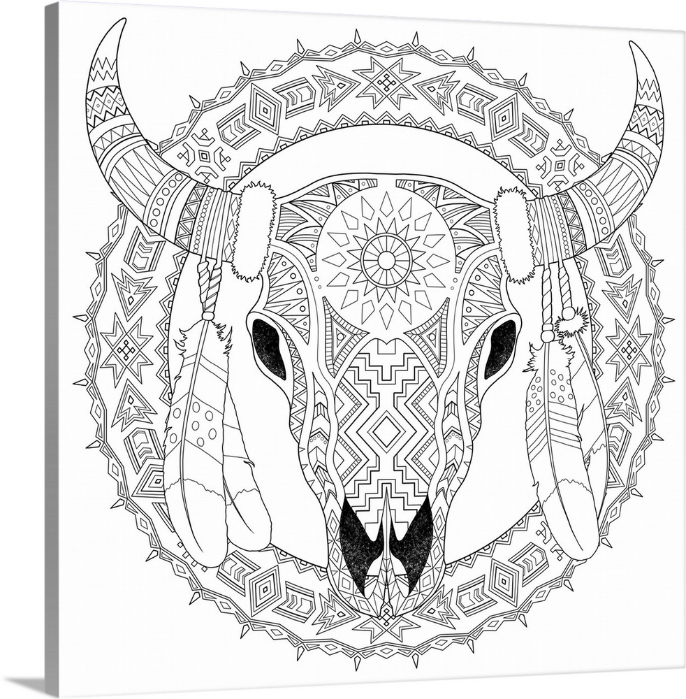 Black and white line art of an intricately designed skull with horns and feathers.