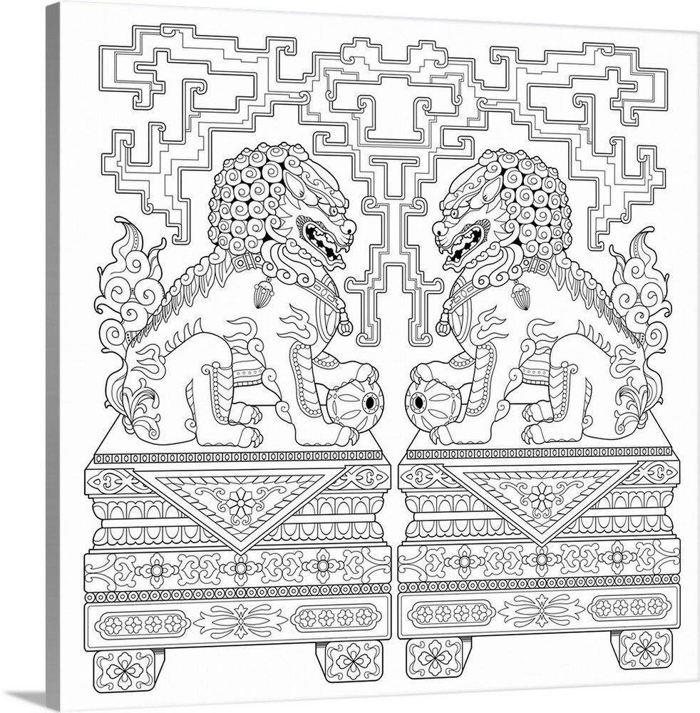 Black and white line art with two Chinese imperial guardians looking at each other.