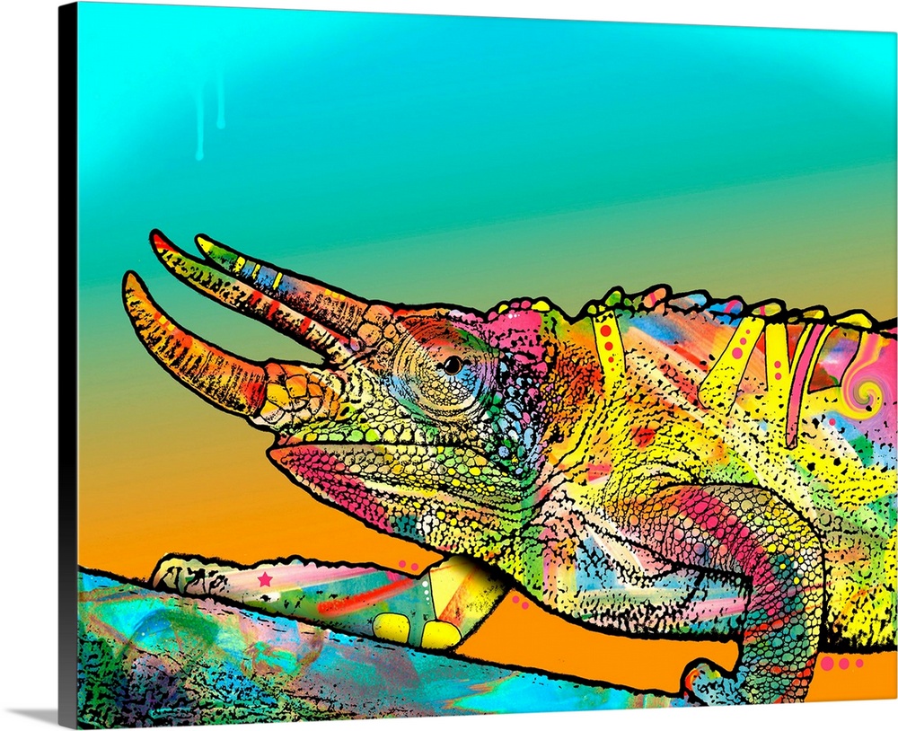 Colorful illustration of a chameleon walking up a branch on a blue and orange background.