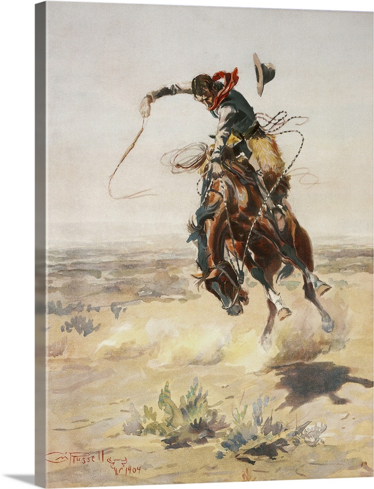 Vintage illustration of a cowboy riding his horse in a desert landscape.